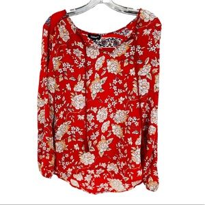 Tolani red floral print silk long sleeve peasant blouse